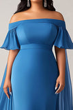 Fourreau bleu dénudé épaule grande taille longue mère de la mariée robe à volants