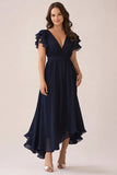 Robe asymétrique en mousseline de soie asymétrique de la mariée col en V bleu marine