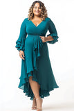 Paon col V asymétrique grande taille mère de la mariée robe avec manches à volants