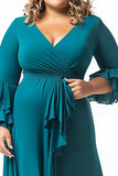 Paon col V asymétrique grande taille mère de la mariée robe avec manches à volants