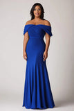 Épaule dénudée sirène bleu royal mousseline de soie grande taille mère de la mariée robe