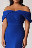 Épaule dénudée sirène bleu royal mousseline de soie grande taille mère de la mariée robe
