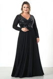 Robe noire à sequins à paillettes à col en V Robe mère de la mariée à manches longues