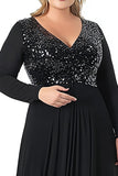 Robe noire à sequins à paillettes à col en V Robe mère de la mariée à manches longues