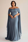 Épaule dénudée gris bleu fourreau mousseline de soie grande taille mère de la robe de la mariée