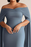 Épaule dénudée gris bleu fourreau mousseline de soie grande taille mère de la robe de la mariée