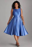 Bleu une ligne ronde col rond Midi Satin grande taille Robe mère de la mariée