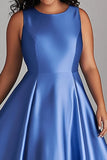 Bleu une ligne ronde col rond Midi Satin grande taille Robe mère de la mariée