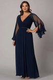 Bleu marine une ligne col en V mousseline de soie dentelle grande taille mère de la mariée robe