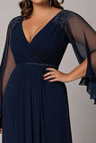 Bleu marine une ligne col en V mousseline de soie dentelle grande taille mère de la mariée robe
