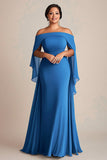 Épaule dénudée Mousseline de soie fourreau bleu grande taille Mère de la mariée Robe