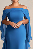 Épaule dénudée Mousseline de soie fourreau bleu grande taille Mère de la mariée Robe