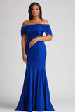 Épaule dénudée Bleu Royal Sirène Satin Grande Taille Mère de la Robe de la Mariée