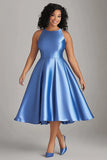 Une ligne Robe Midi Grande Taille Satin Bleu Mère de la Mariée