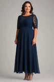 Bleu marine une ligne en mousseline de soie dentelle grande taille mère de la mariée robe