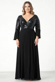 Noir A Ligne Col en V Paillettes Mousseline de soie Grande Taille Mère de la mariée Robe