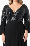 Noir A Ligne Col en V Paillettes Mousseline de soie Grande Taille Mère de la mariée Robe