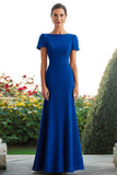 Bleu Royal Crêpe Fourreau Manches Courtes Longue Mère De La Mariée Robe