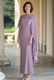 Mousseline de soie Lilas Gaine Col Bateau Plissé Longue Mère De La Robe De La Mariée