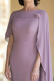 Mousseline de soie Lilas Gaine Col Bateau Plissé Longue Mère De La Robe De La Mariée