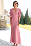 Fourreau en mousseline de soie rose demi-manches plissé longue mère de la mariée robe