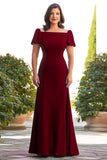 Robe longue mère de la mariée à manches longues à col carré fourreau bordeaux
