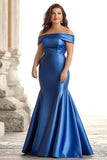 Robe longue mère de la mariée en satin bleu royal sirène à épaules dénudées