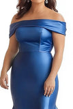 Robe longue mère de la mariée en satin bleu royal sirène à épaules dénudées