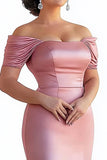 Fourreau rose froncé épaule dénudée satin longue robe mère de la mariée