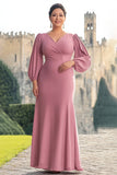 Robe mère de la mariée en mousseline de soie sirène rose à manches longues