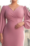 Robe mère de la mariée en mousseline de soie sirène rose à manches longues