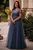 Robe longue mère de la mariée en tulle trapèze gris bleu avec dentelle