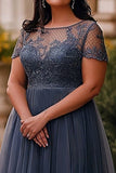 Robe longue mère de la mariée en tulle trapèze gris bleu avec dentelle