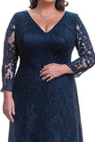 Robe mère de la mariée en dentelle à col en V bleu marine à manches longues