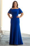 Robe longue mère de la mariée à manches fourreau bleu royal