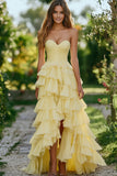 Robe longue de bal à volants en mousseline de soie jonquille Sweetheart trapèze