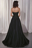Robe de bal longue en satin A-ligne noir avec appliques de dentelle