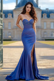 Bleu royal moulante sweetheart applique robe longue de bal avec fente