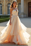 Champagne A Line Robe de bal longue sans bretelles à volants