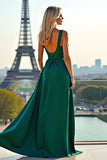 Une ligne vert foncé spaghetti bretelles robe longue de bal avec fente