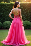 rose scintillant une ligne spaghetti bretelles robe longue de bal avec paillettes