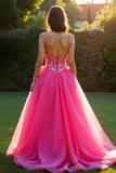 Fuchsia scintillant Une Ligne Spaghetti Bretelles Robe Longue De Bal En Tulle Avec Paillettes