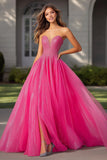 Robe de bal longue à sequins sans bretelles fuchsia fuchsia scintillante avec fente