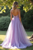 Lilas A Line Spaghetti Straps Robe Longue De Bal Avec Appliques De Dentelle