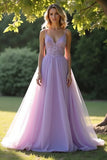 Lilas A Line Spaghetti Straps Robe Longue De Bal Avec Appliques De Dentelle