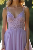 Lilas A Line Spaghetti Straps Robe Longue De Bal Avec Appliques De Dentelle