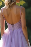 Lilas A Line Spaghetti Straps Robe Longue De Bal Avec Appliques De Dentelle