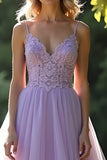 Lilas A Line Spaghetti Straps Robe Longue De Bal Avec Appliques De Dentelle