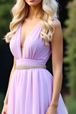 Lilas une ligne profonde col en V longue robe de bal avec perles