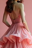 Rose scintillant Une ligne spaghetti bretelles Robe longue de bal à volants avec paillettes